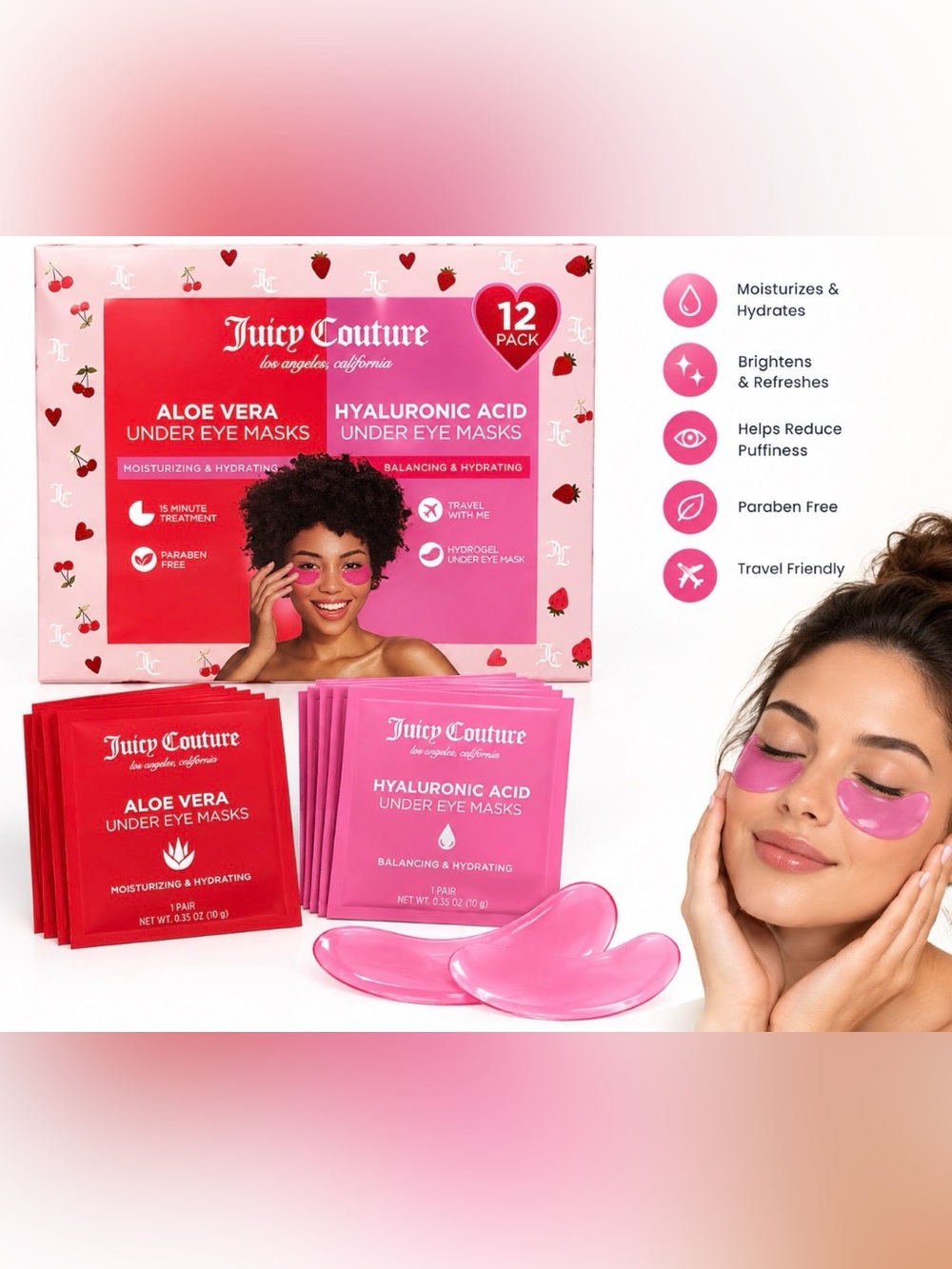Juicy Couture Pink Aloe Vera & Hyaluronic Acid Under Eye Masks - 12 Pack